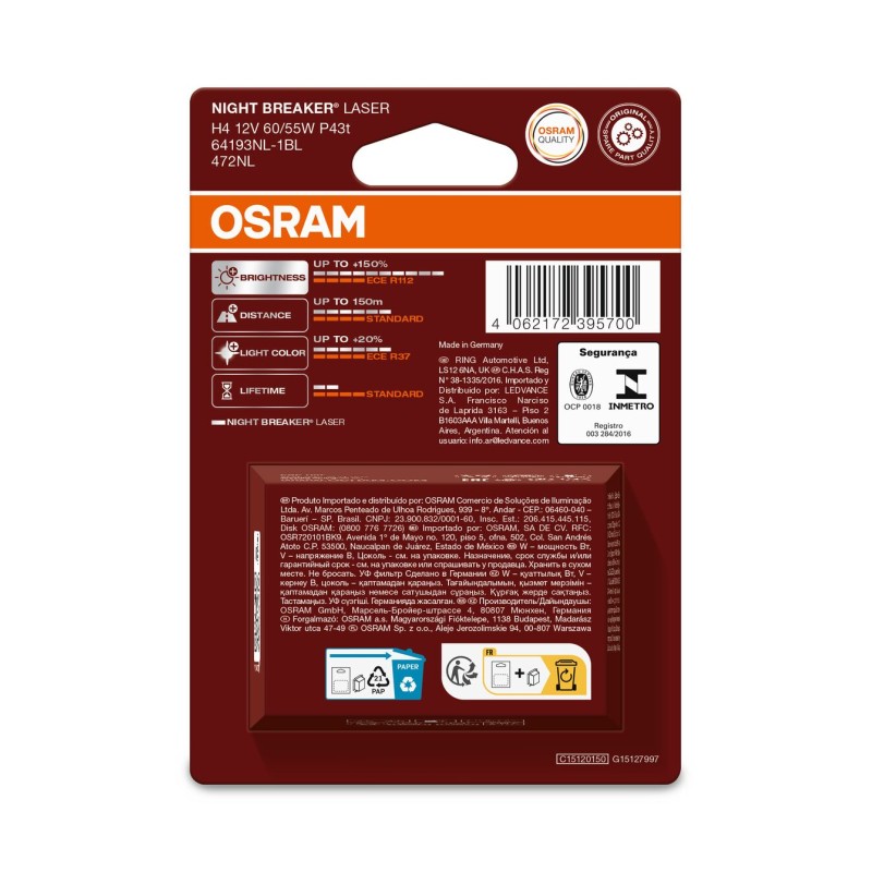 OSRAM NIGHT BREAKER LASER 64193NL-1BL H4 P43t 12V 60/55W