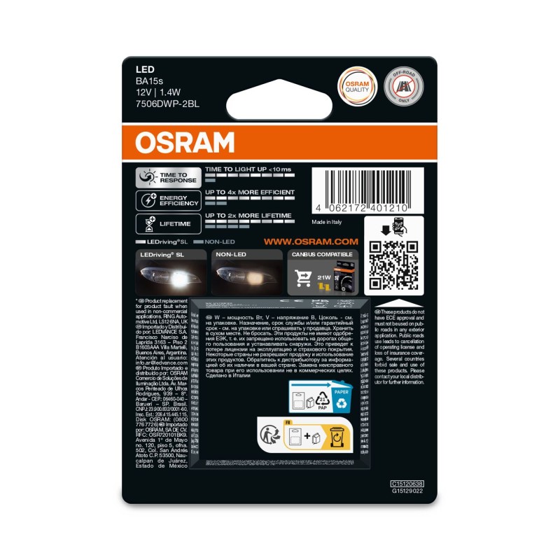 OSRAM LEDrivin SL 7506DWP-2BL ~P21W BA15s 12V 1,9W