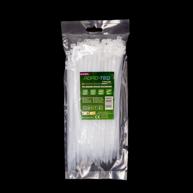 Nylonowe opaski zaciskowe ROAD-TEQ wymiar:4,8x200mm, 100szt., białe