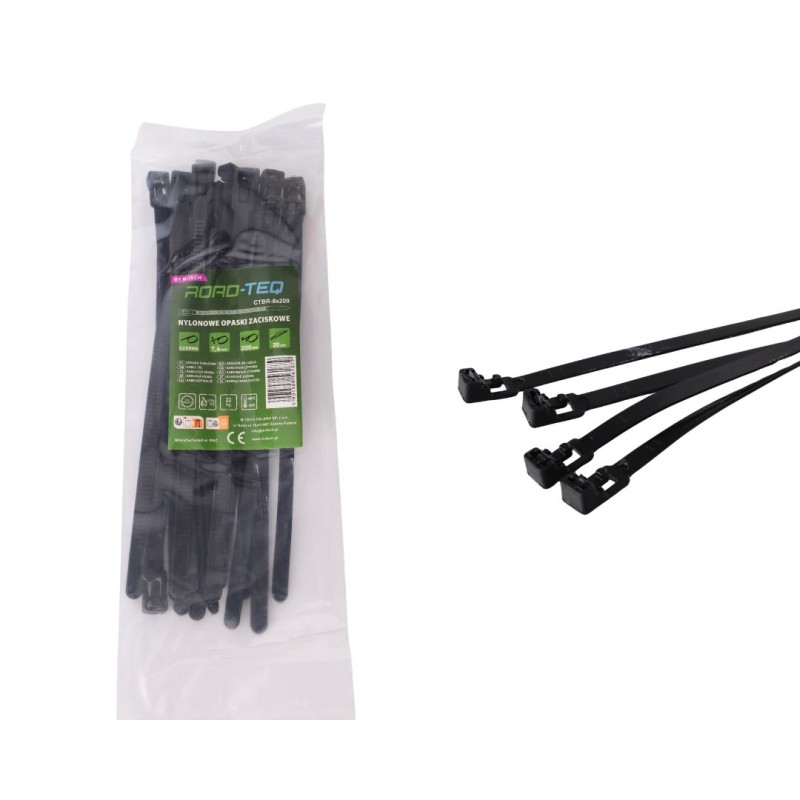 Nylonowe opaski zaciskowe wielokrotnego użytku ROAD-TEQ w:7,2x200mm 20szt. czarne