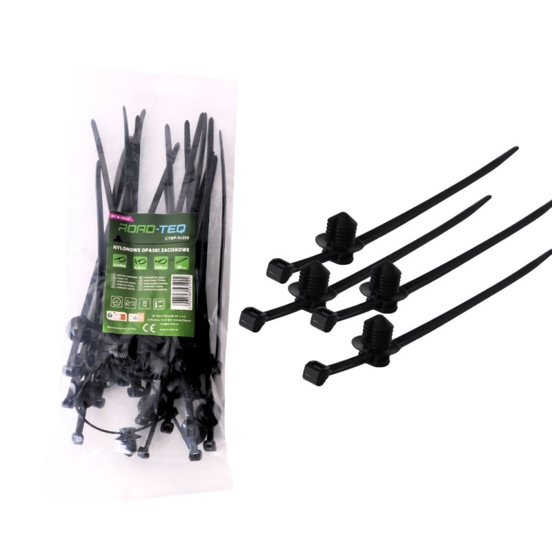 Nylonowe opaski zaciskowe z klipsem typ:P ROAD-TEQ w:4,8x200mm 20szt. czarne